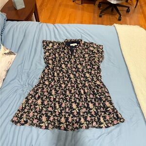 LOFT Black Floral Ruffle-Sleeve Mini Dress